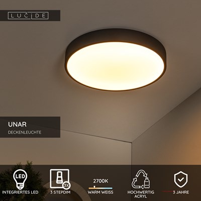 Lucide UNAR - Deckenleuchte - Ø 39,5 cm - LED 3 StepDim - 1x24W 2700K - Schwarz